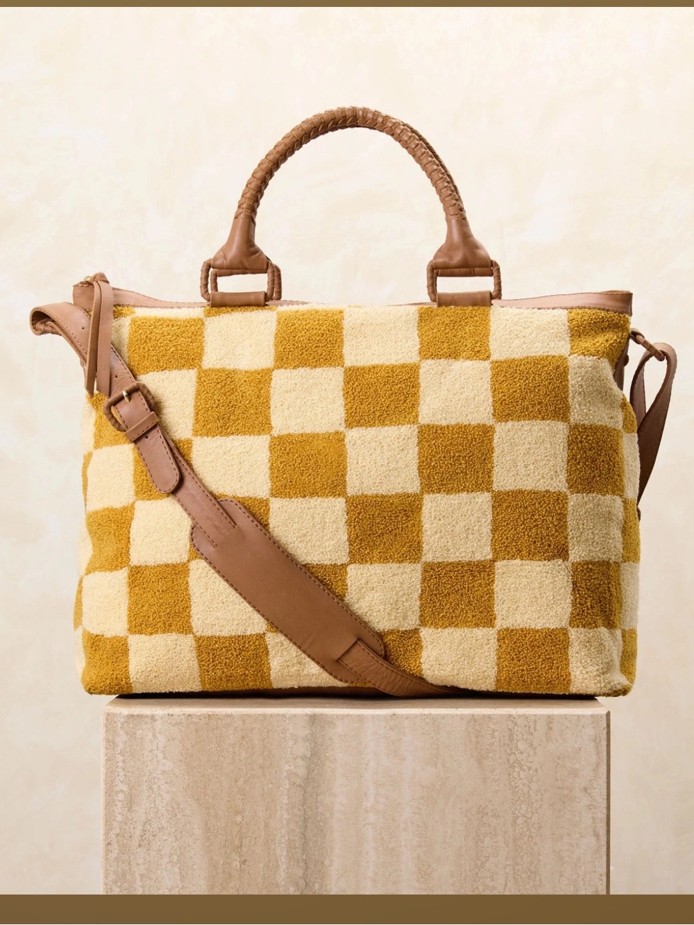 $398 Yellow Mustard Cleobella Checkered Honey Weekender Tote Bag Purse Carry All